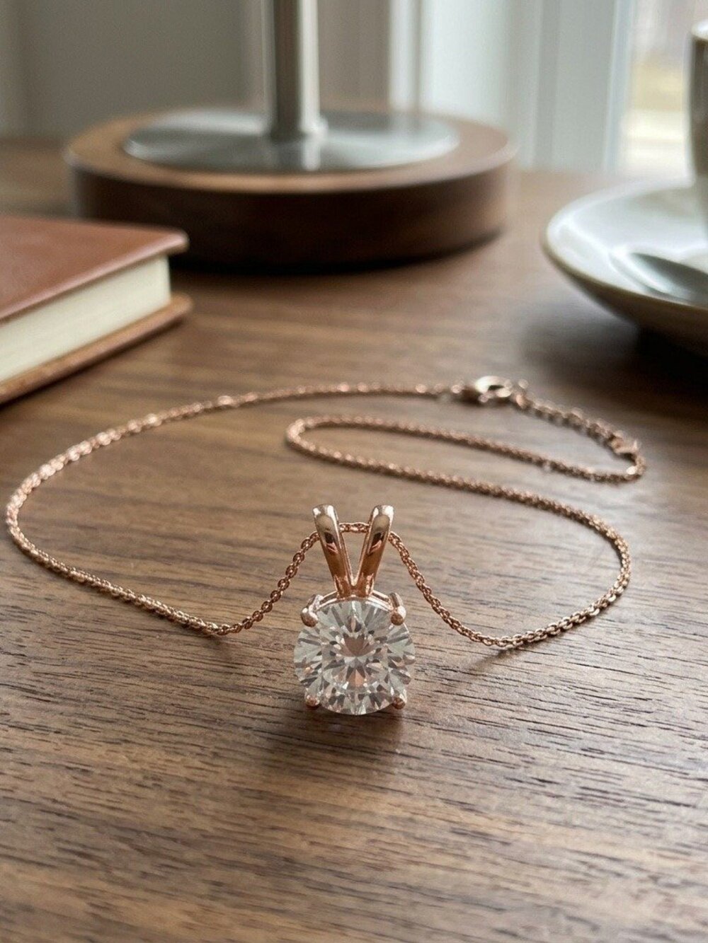 Rose Gold CZ Solitaire Pendant Necklace 2 Carat 8mm Round Crystal Bridal